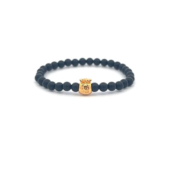 18K Gold Money Bag Matte Onyx Mini Gemstones 4mm Lucky Charm Elastic Bracelet - Picture 1 of 5